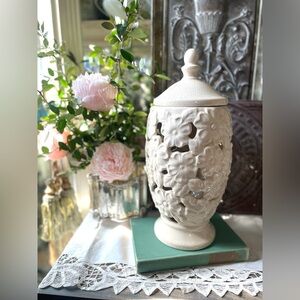 Vintage white floral open work ceramic vase lantern hurricane